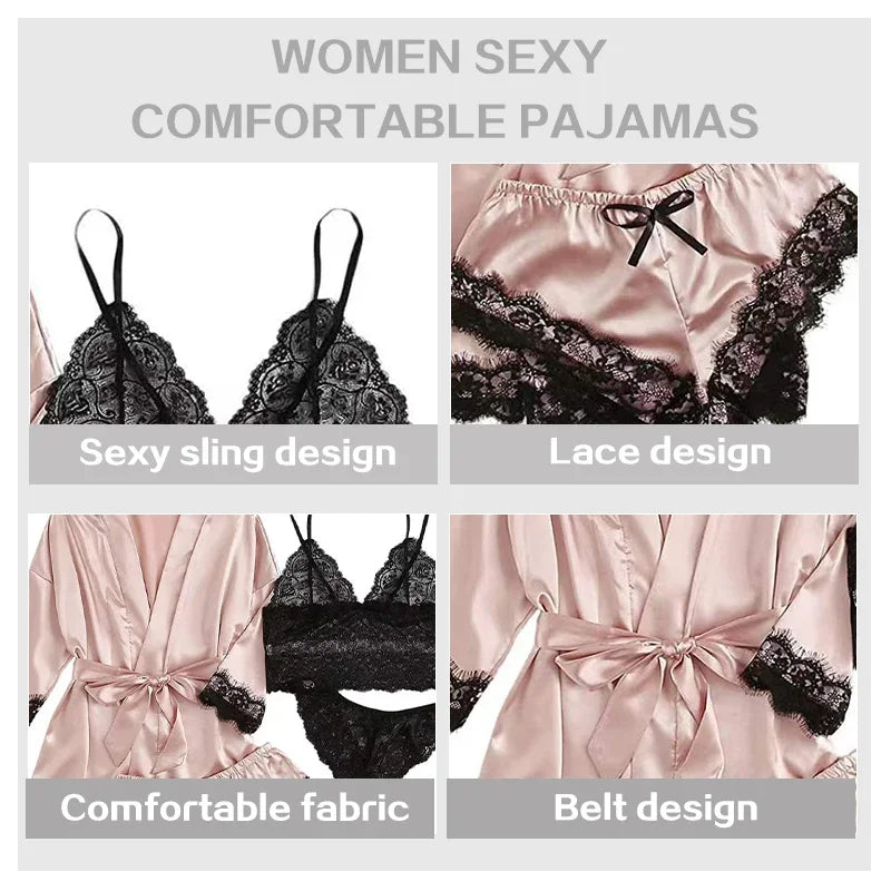 4-Piece Satin Lace Pajama Set with Robe