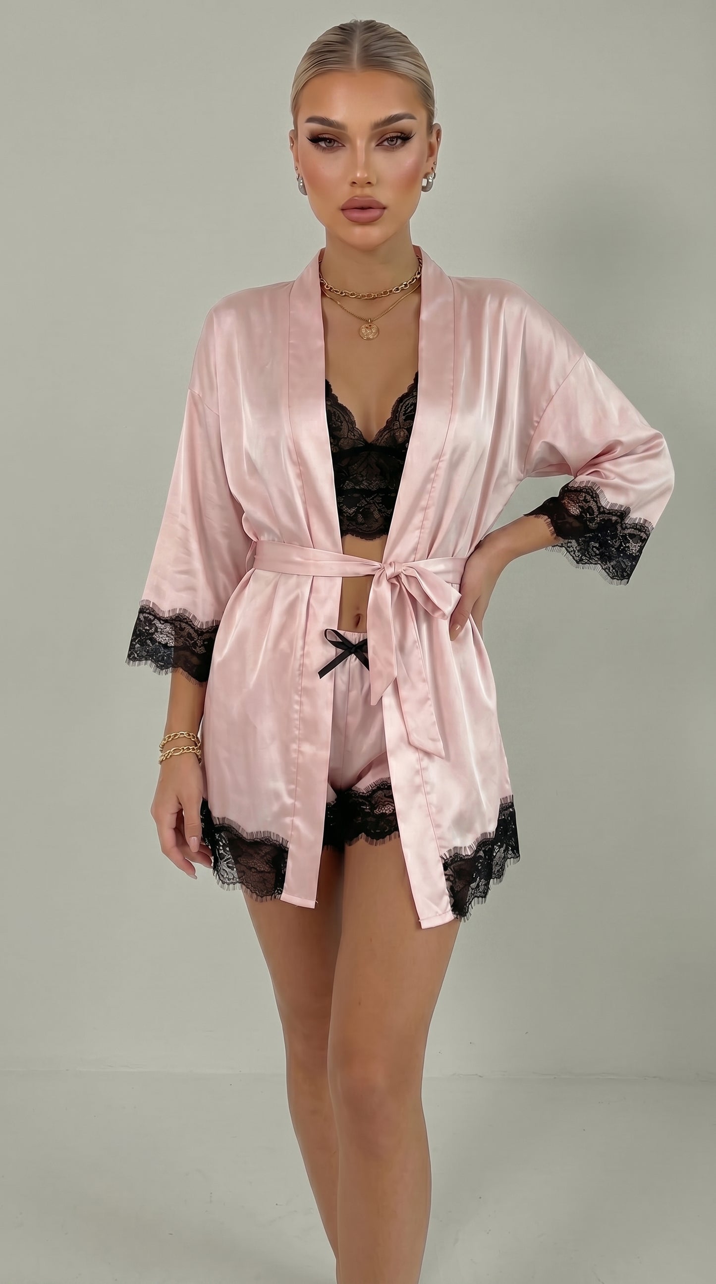 4-Piece Satin Lace Pajama Set with Robe