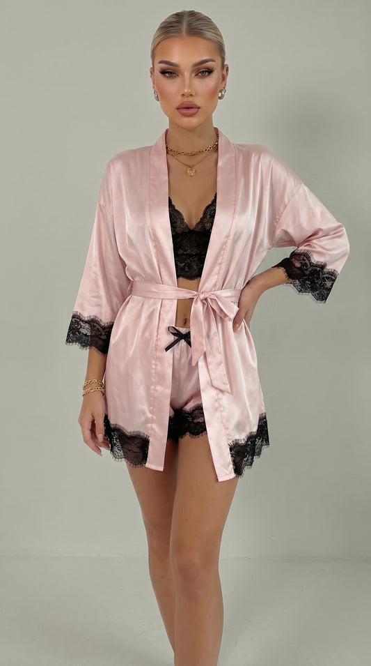 4-Piece Satin Lace Pajama Set with Robe