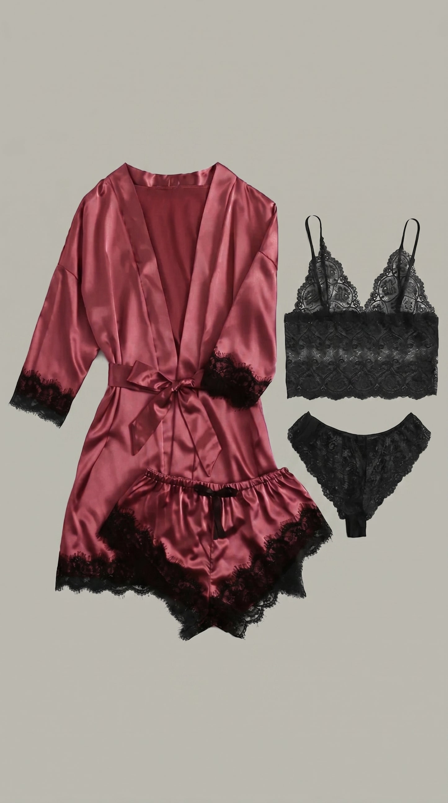 4-Piece Satin Lace Pajama Set with Robe