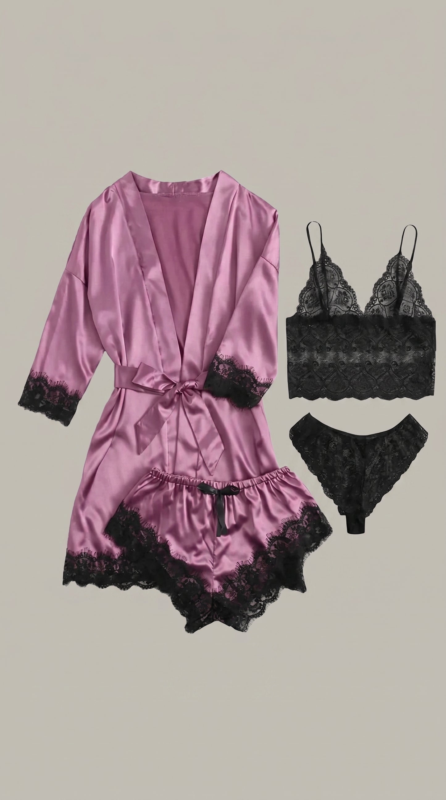 4-Piece Satin Lace Pajama Set with Robe