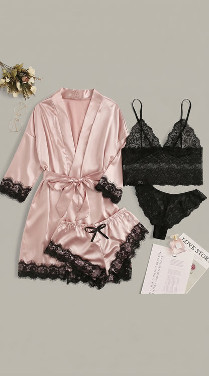 4-Piece Satin Lace Pajama Set with Robe